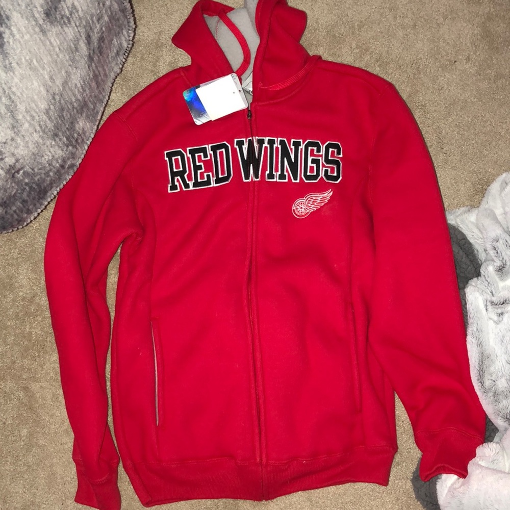 Red wings faux fur zip up hooded jacket